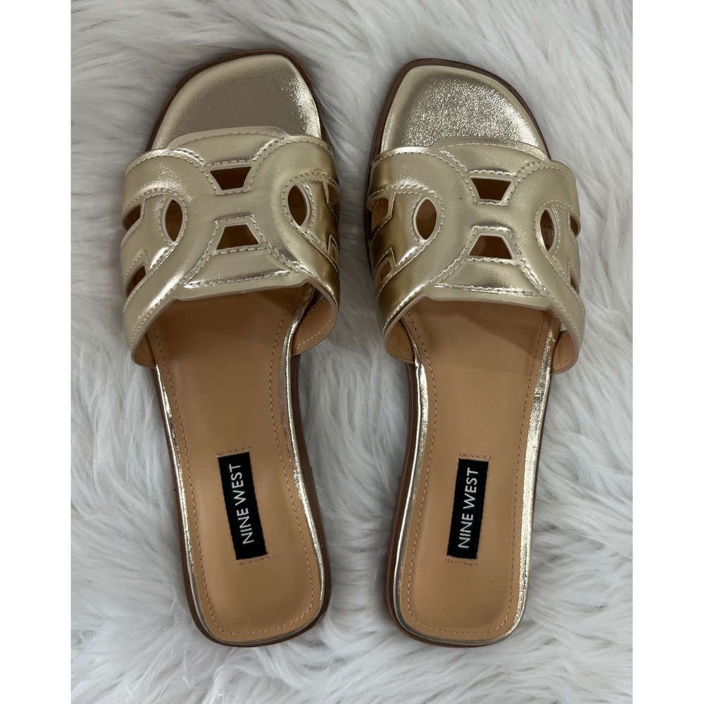 Nine West Gold Metallic Cutout Slide Sandals Women's Size 6.5 New Without Box
